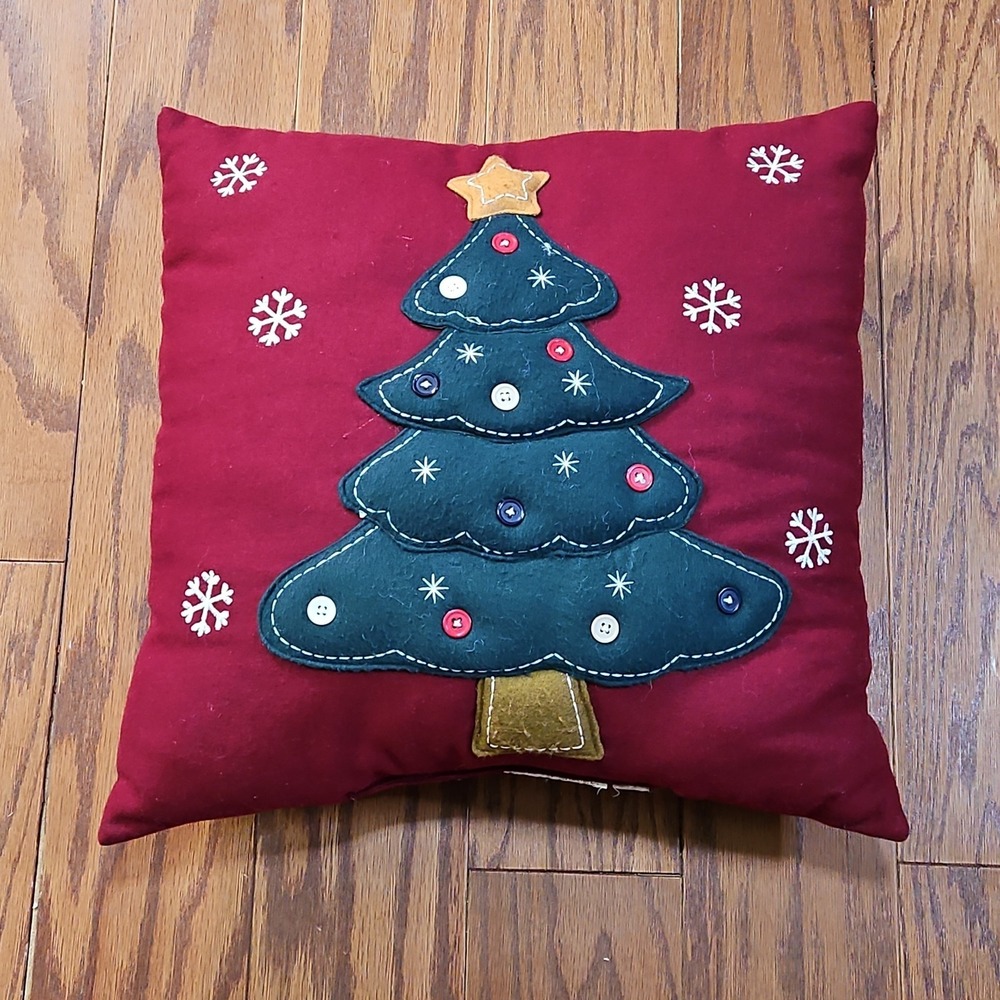 Vintage Christmas Pillow Red Green Tree Snowflakes Couch Square